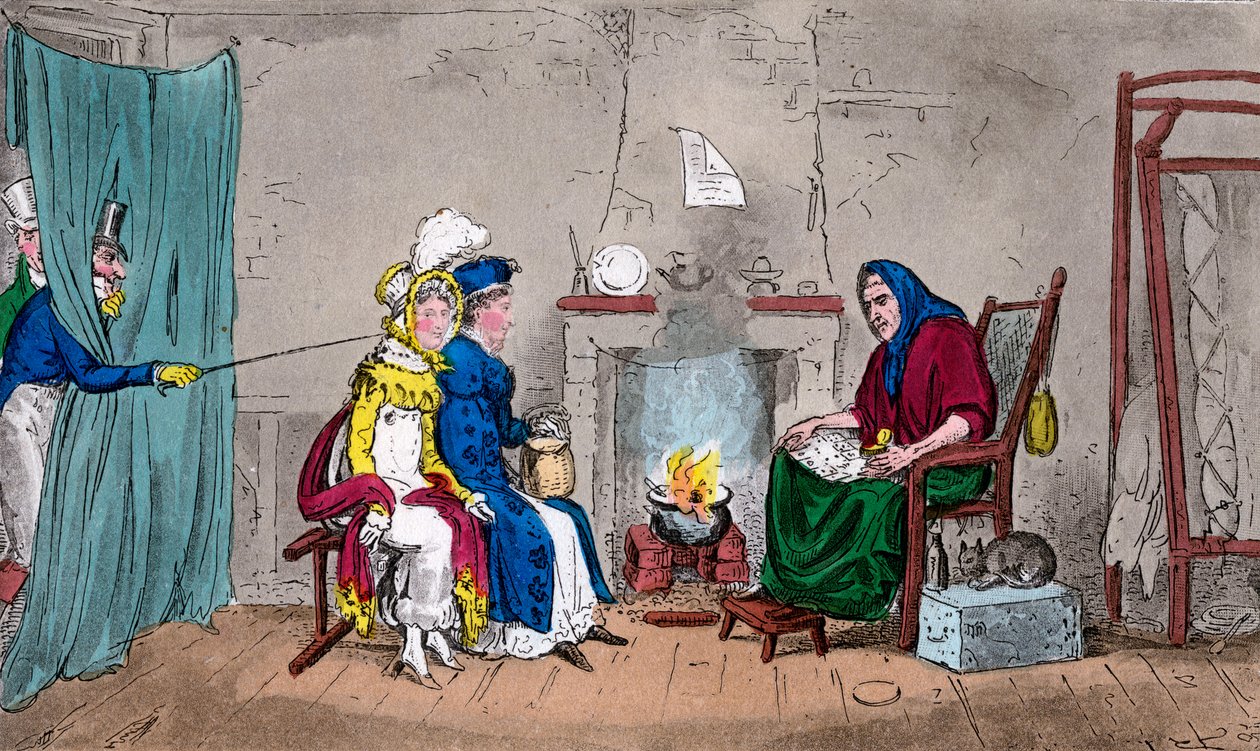 Tom i Jerry, łapiący Kate i Sue w locie, opowiadający o ich losach, XIX wiek. autorstwa Isaac, Robert and George Cruikshank