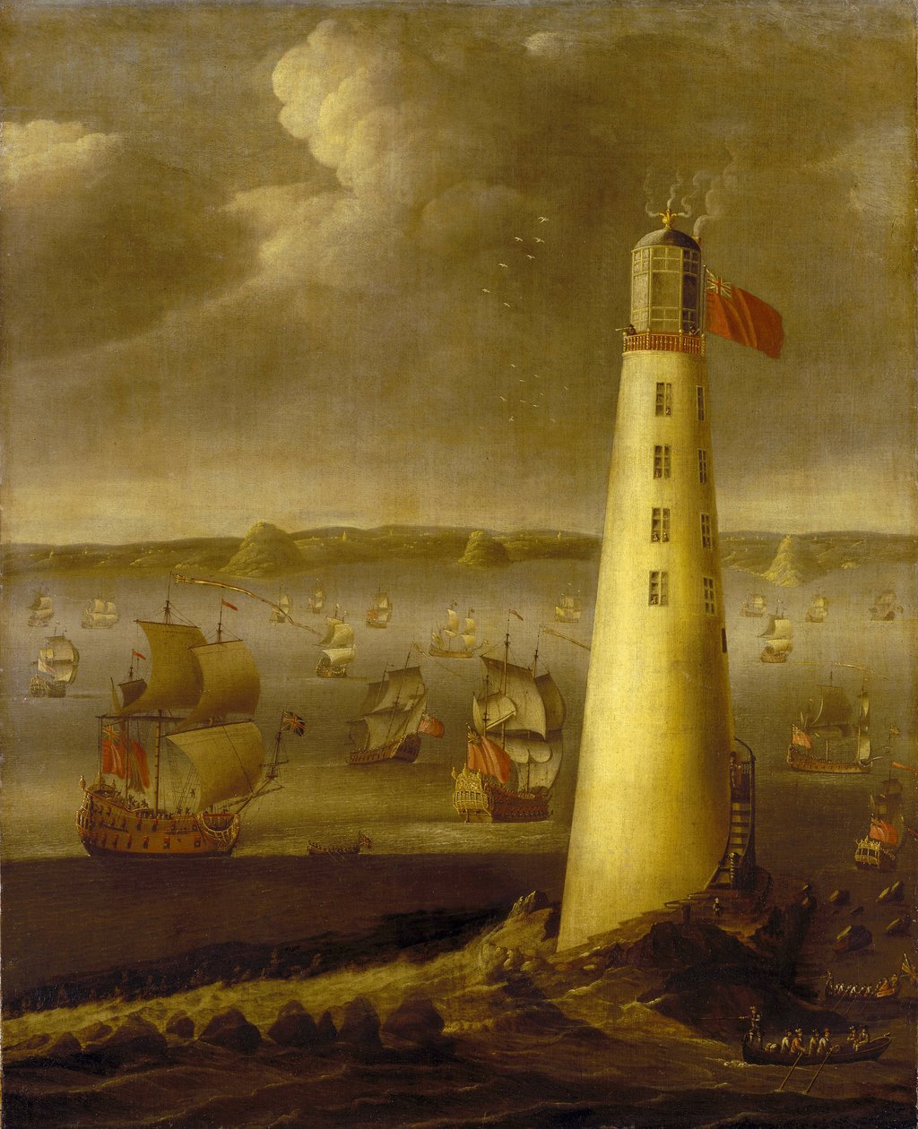 Latarnia morska Eddystone u wybrzeży Devon (Anglia). Olej na płótnie, około 1708 roku, autorstwa Isaaca Sailmakera (1633-1721). autorstwa Isaac Sailmaker