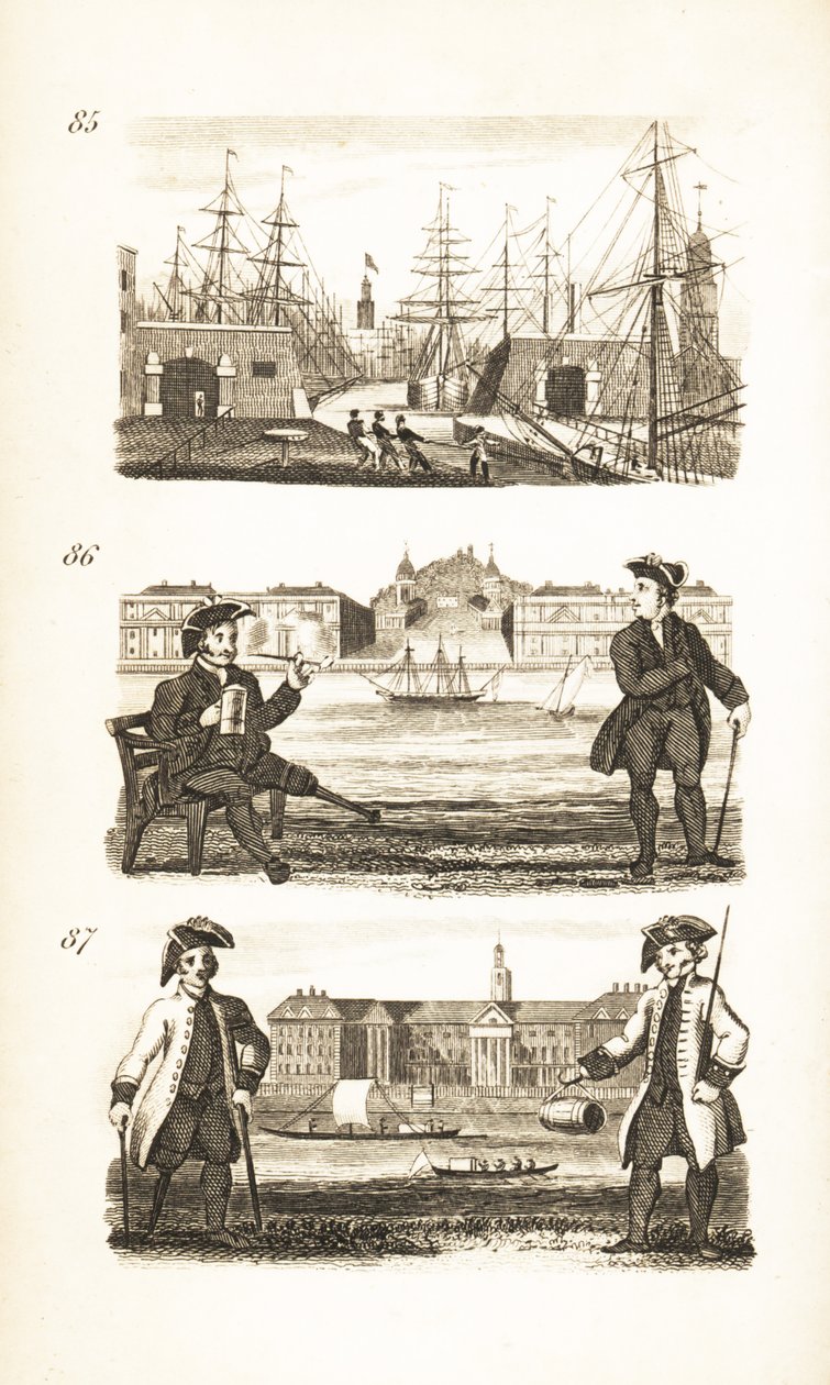 London Docks, Greenwich Hospital i Chelsea Hospital autorstwa Isaac Taylor