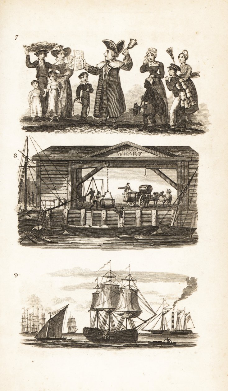 The Bellman, London Wharf i statek węglowy i barka węglowa autorstwa Isaac Taylor