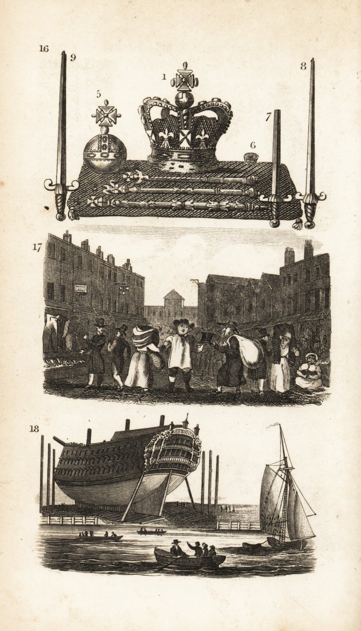 Biuro klejnotów w Tower of London, Rag Fair oraz Old Clothes and Ship Building autorstwa Isaac Taylor