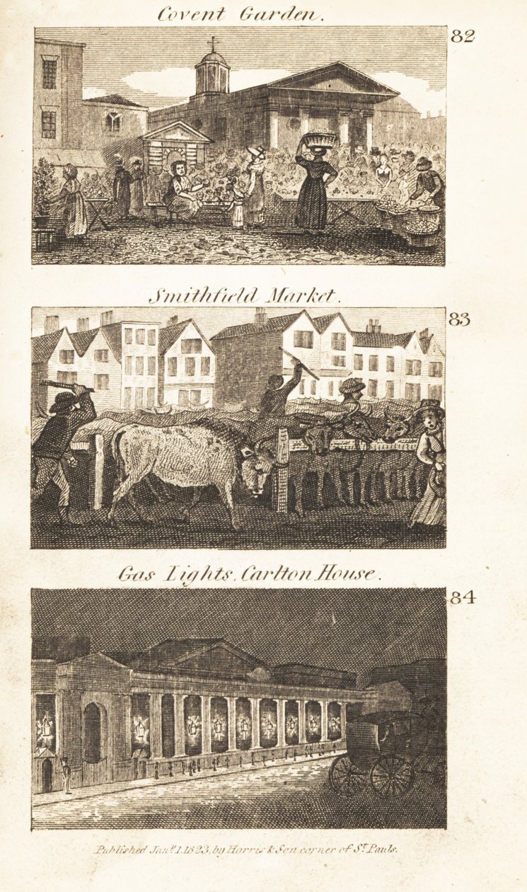 Transakcje w Regency England: Covent Garden, Smithfield Market i latarnie gazowe w Carlton House autorstwa Isaac Taylor