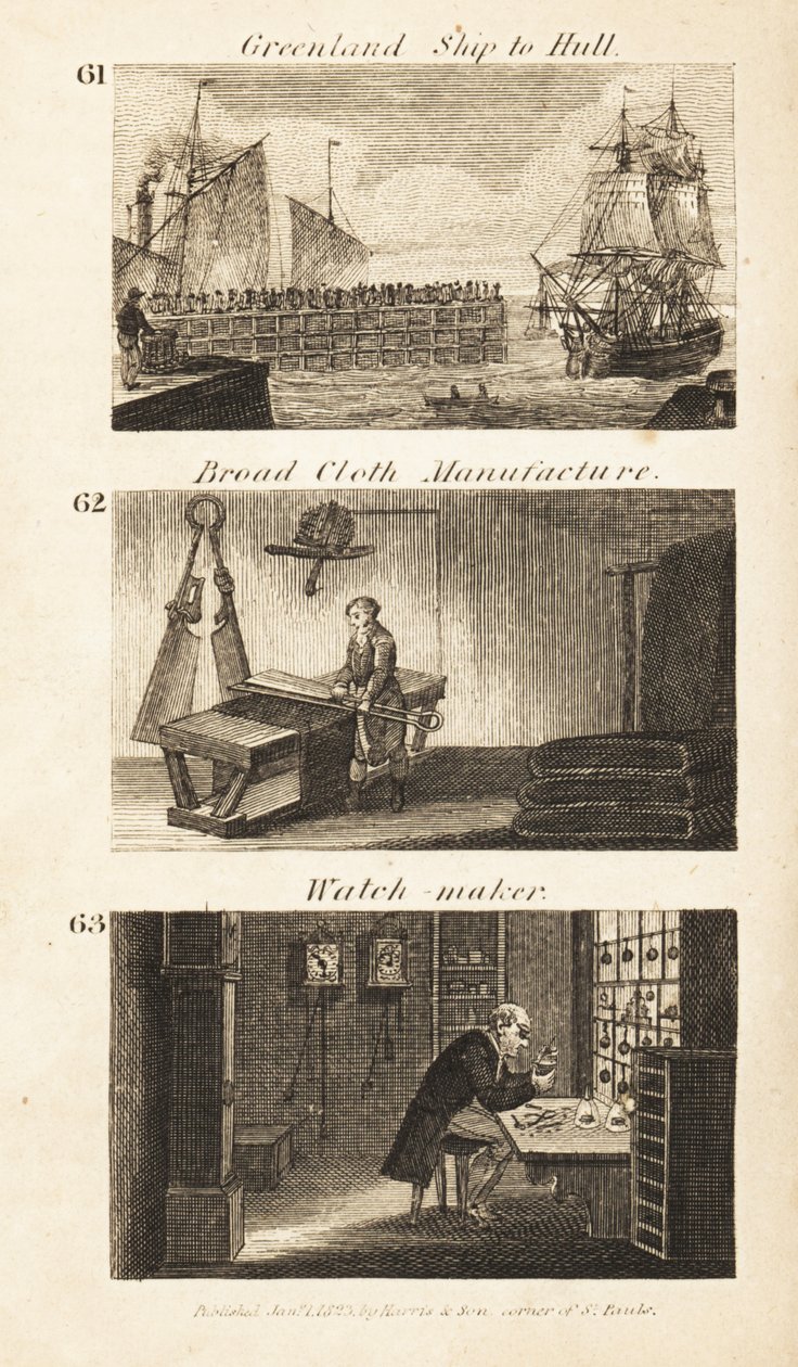 Transakcje w Regency England: statek Grenlandii do Hull, fabryka tkanin i zegarmistrz autorstwa Isaac Taylor