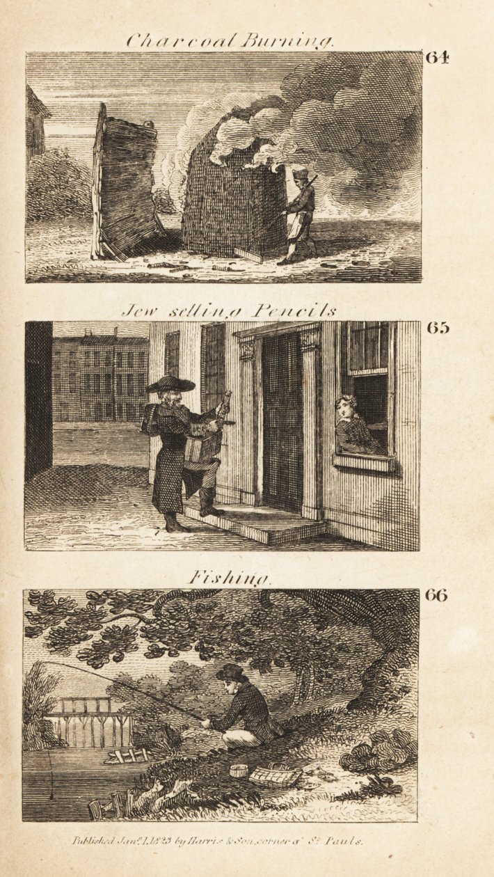 Handel w Regency England: spalanie węgla drzewnego, Żyd sprzedający ołówki i wędkarstwo autorstwa Isaac Taylor