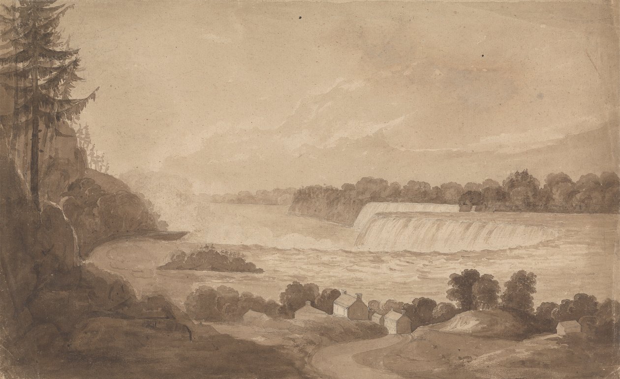 Widok na wodospad Niagara z wodospadami w tle, po prawej i krajobraz z domami na pierwszym planie autorstwa Isaac Weld