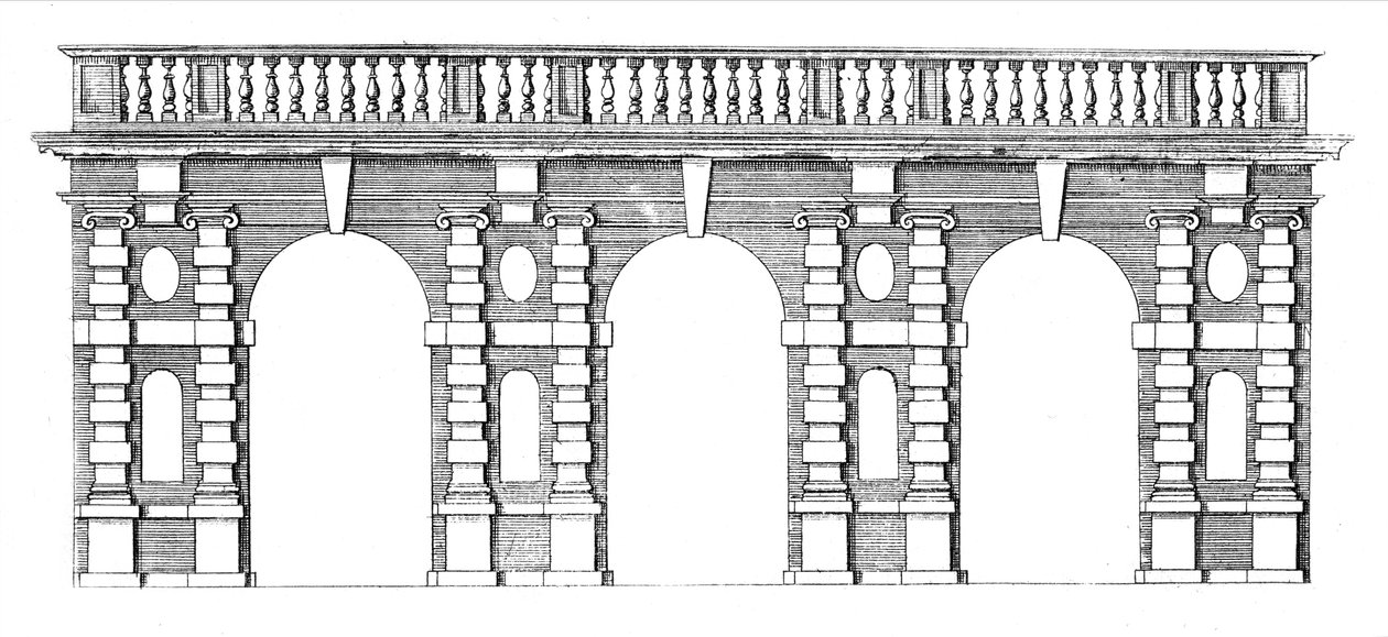 Projekt arkady z balustradą z góry z The Gardens of Wilton, ok.1645 autorstwa Isaac de Caus