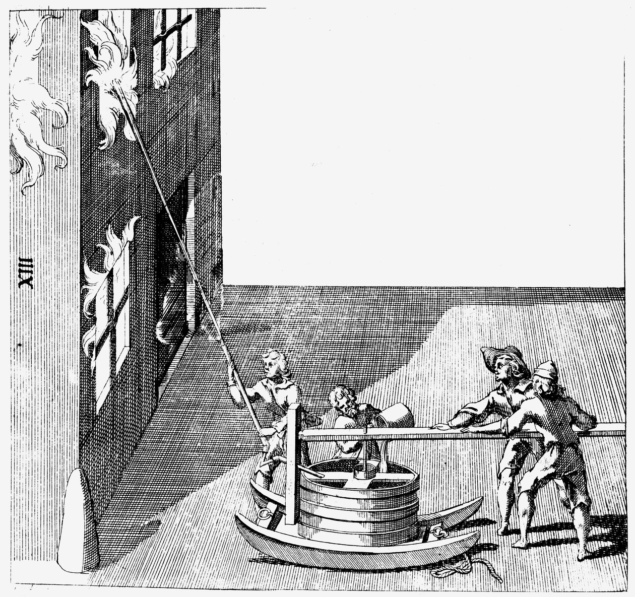 Wóz strażacki, z Isaac de Caus Nouvelle Invention de Lever l’Eau Plus Hault, 1664 autorstwa Isaac de Caus