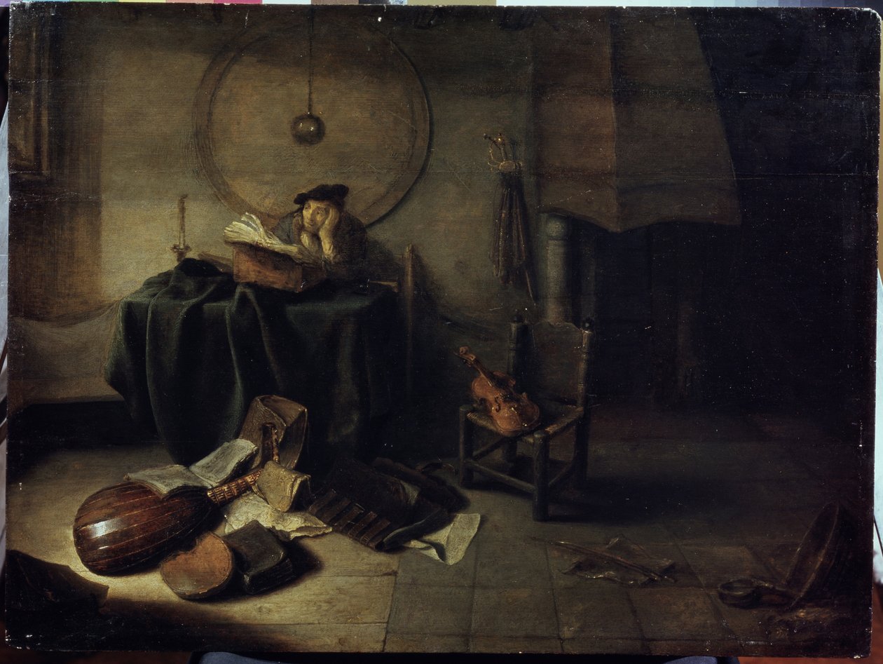 ""Melancholia II"" (Melancholia II (Naukowiec w swojej pracowni)) Człowiek studiujący muzykę, zamyślona ekspresja. Obraz Isaaca de Jouderville (1613-1648) Serpoukhov, Państwowe Muzeum Historii i Sztuki autorstwa Isaac de Jouderville
