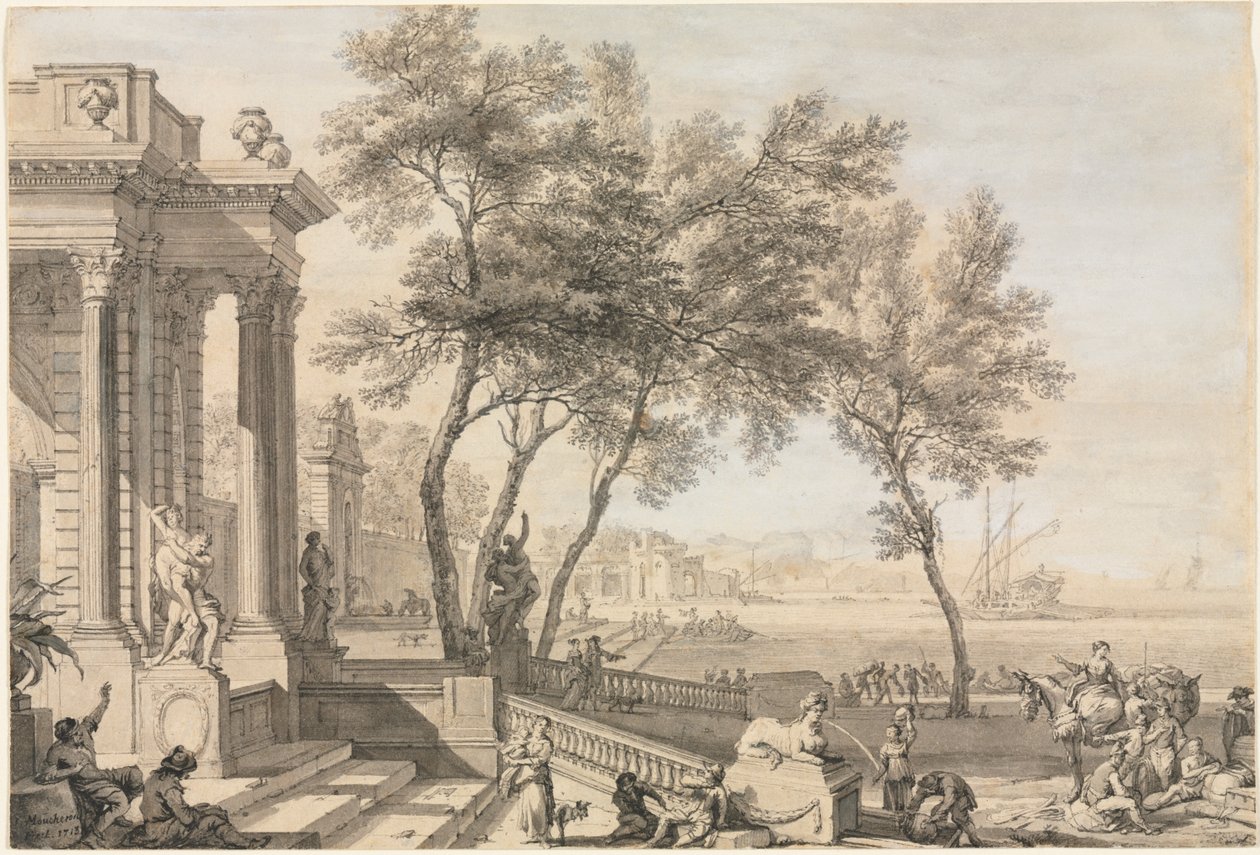 Fantastyczna scena portowa z architekturą i postaciami autorstwa Isaac de Moucheron