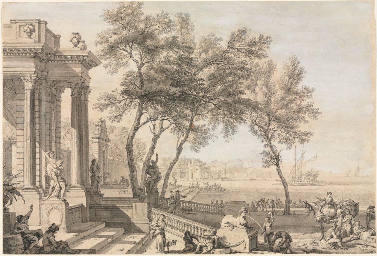 Fantastyczna scena portowa z architekturą i postaciami, 1713. autorstwa Isaac de Moucheron