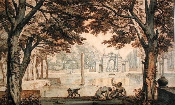 Jezioro z fontanną w ogrodzie (pióro & atrament & pranie na papierze) autorstwa Isaac de Moucheron