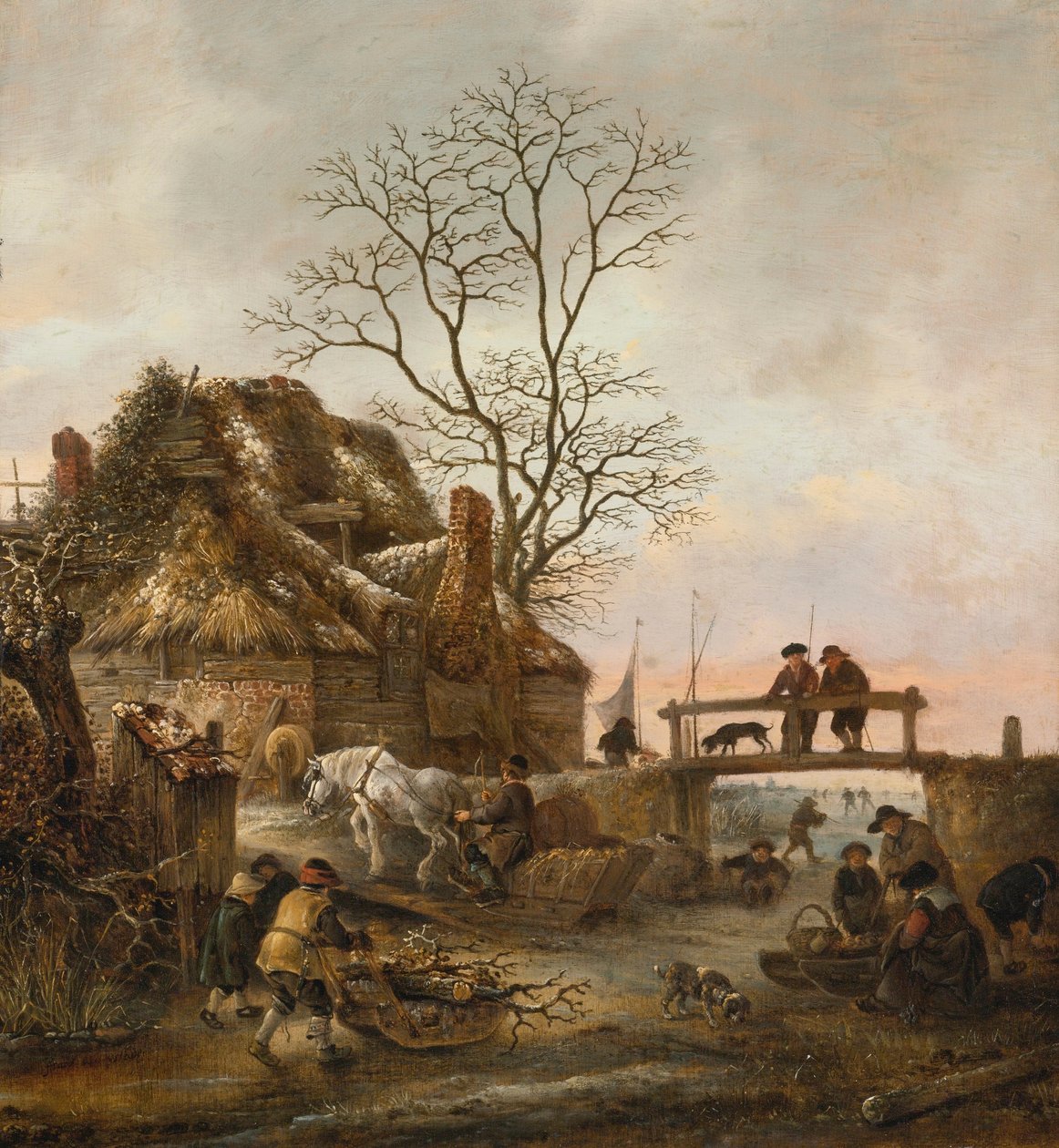Zimowy krajobraz z domkiem w pobliżu mostu autorstwa Isaac van Ostade