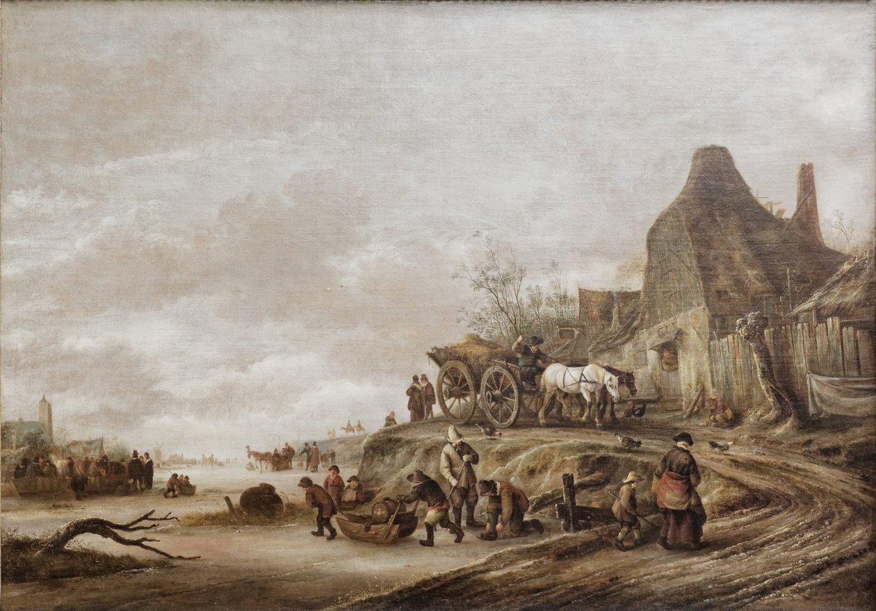 Isaack van Ostade - Zamarznięty kanał z wózkiem schodzącym po ścieżce autorstwa Isaac van Ostade