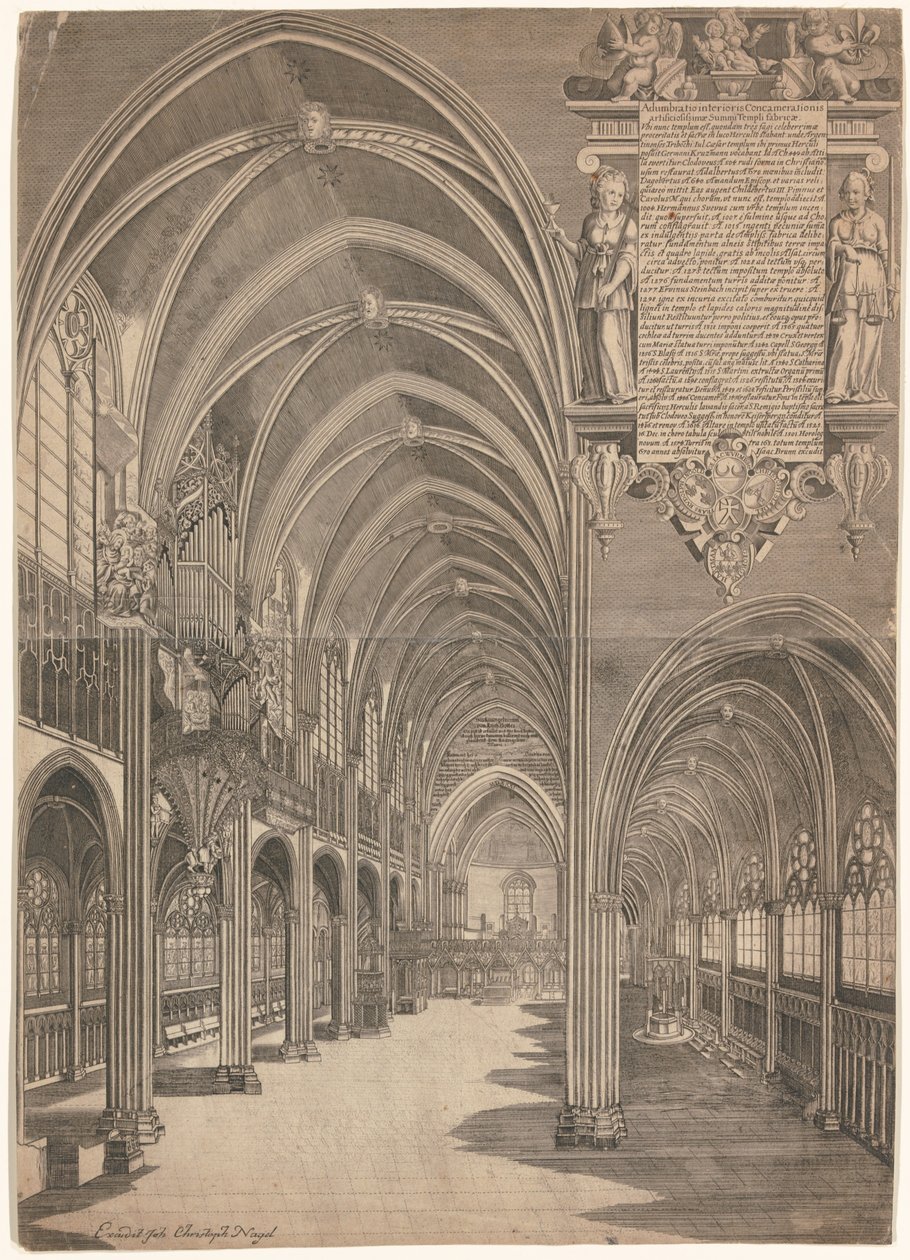 Rycina przedstawiająca wnętrze katedry w Strasburgu w 1617 r. autorstwa Isaak Brun