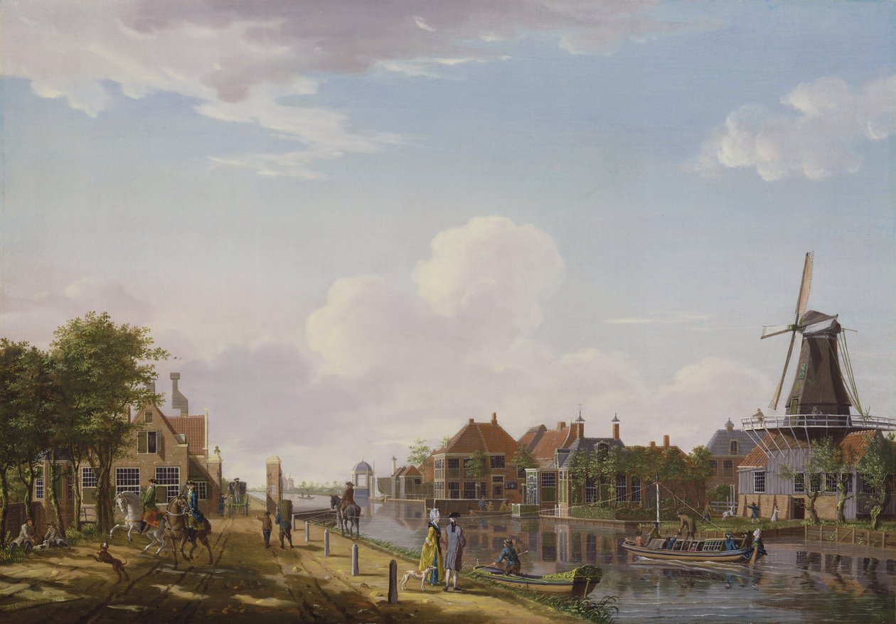 Holenderska scena nad kanałem z eleganckimi figurami i młynem, 1777 autorstwa Isaac Ouwater