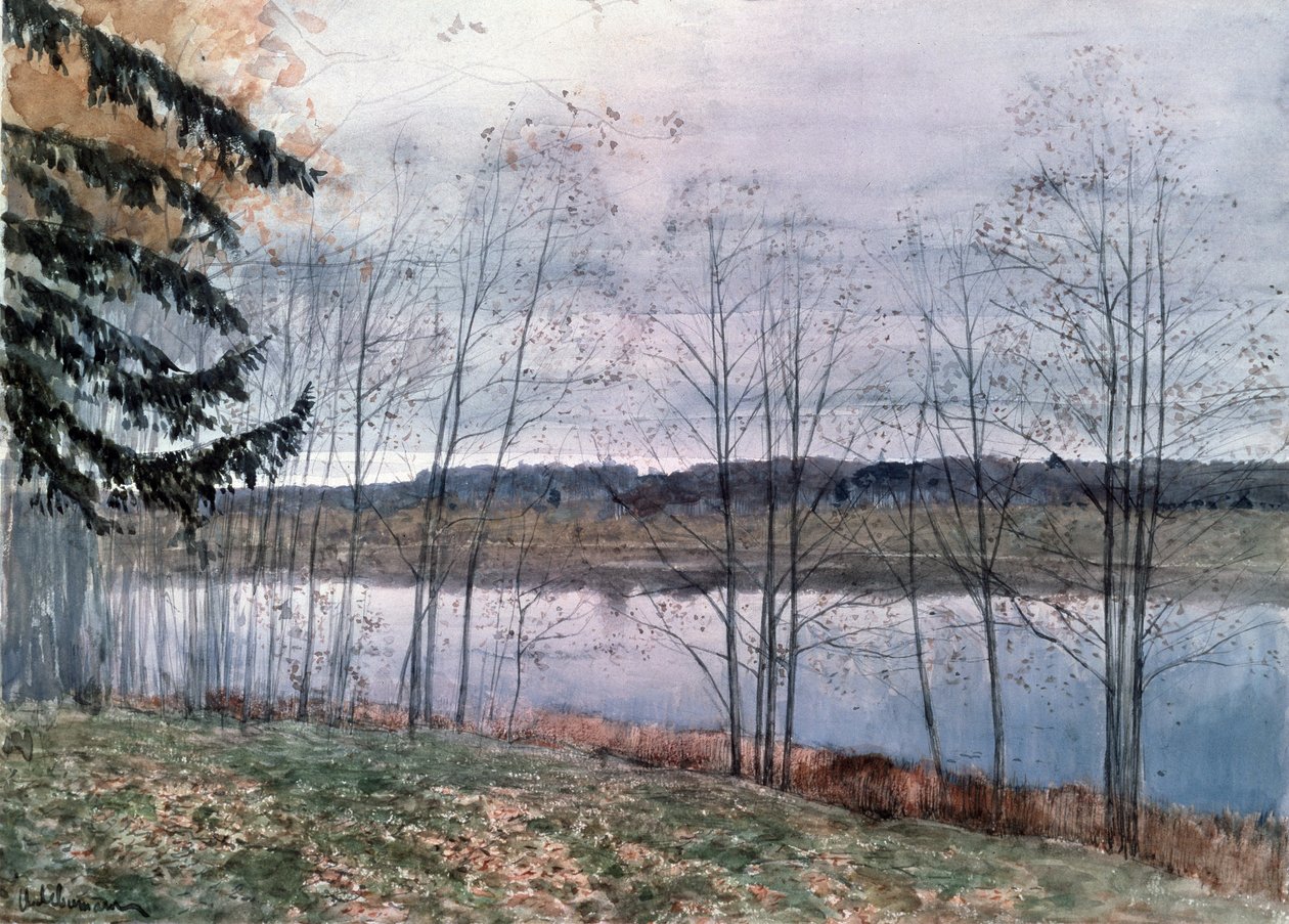 Jesień (jesień). Opis brzegów cieku z gołymi drzewami. Praca Izaaka (Izaaka) Iljicza Lewitana (1860-1900), akwarela na papierze autorstwa Isaak Ilyich Levitan