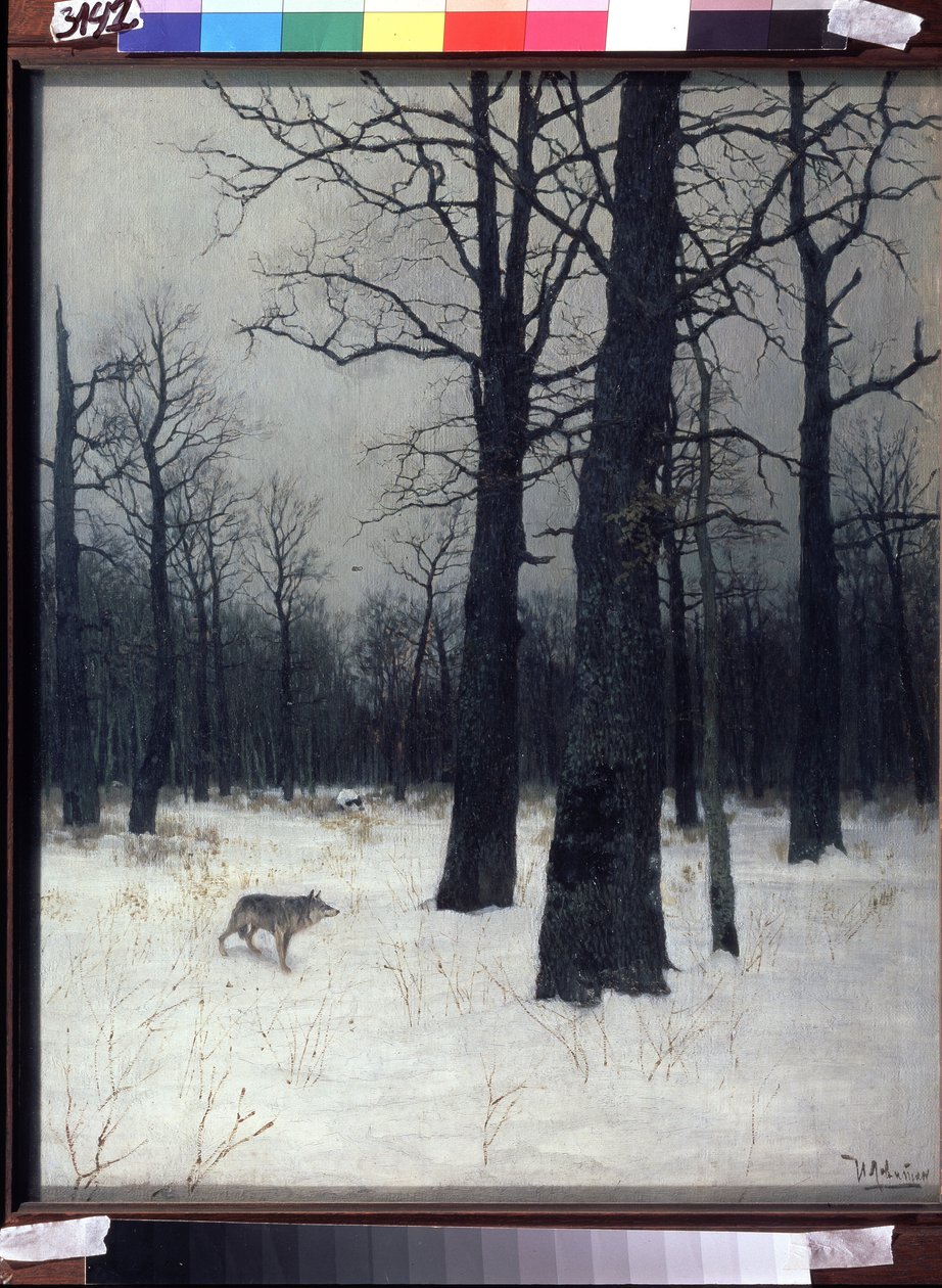 Las zimą. Czarne, nagie drzewa na śniegu, z wilkiem. Obraz Izaaka Iljicza Lewitana (1860-1900), olej na płótnie autorstwa Isaak Ilyich Levitan