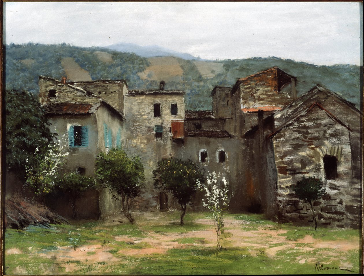 W pobliżu Bordighera, w północnych Włoszech. (W pobliżu Bordighera. W północnych Włoszech). Opis zespołu budynków w Ligurii. Praca Izaaka (Izaaka) Iljicza Lewitana (1860-1900), pastel na papierze autorstwa Isaak Ilyich Levitan