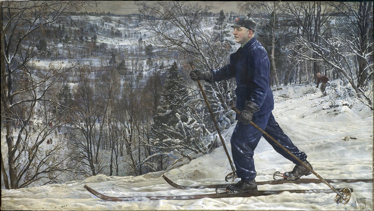 Kliment Woroszyłow (1881-1969) narciarz - Kliment Woroszyłow na wycieczce narciarskiej - Isaak Izrailevich Brodsky (1884-1939). olej na płótnie autorstwa Isaak Israilevich Brodsky