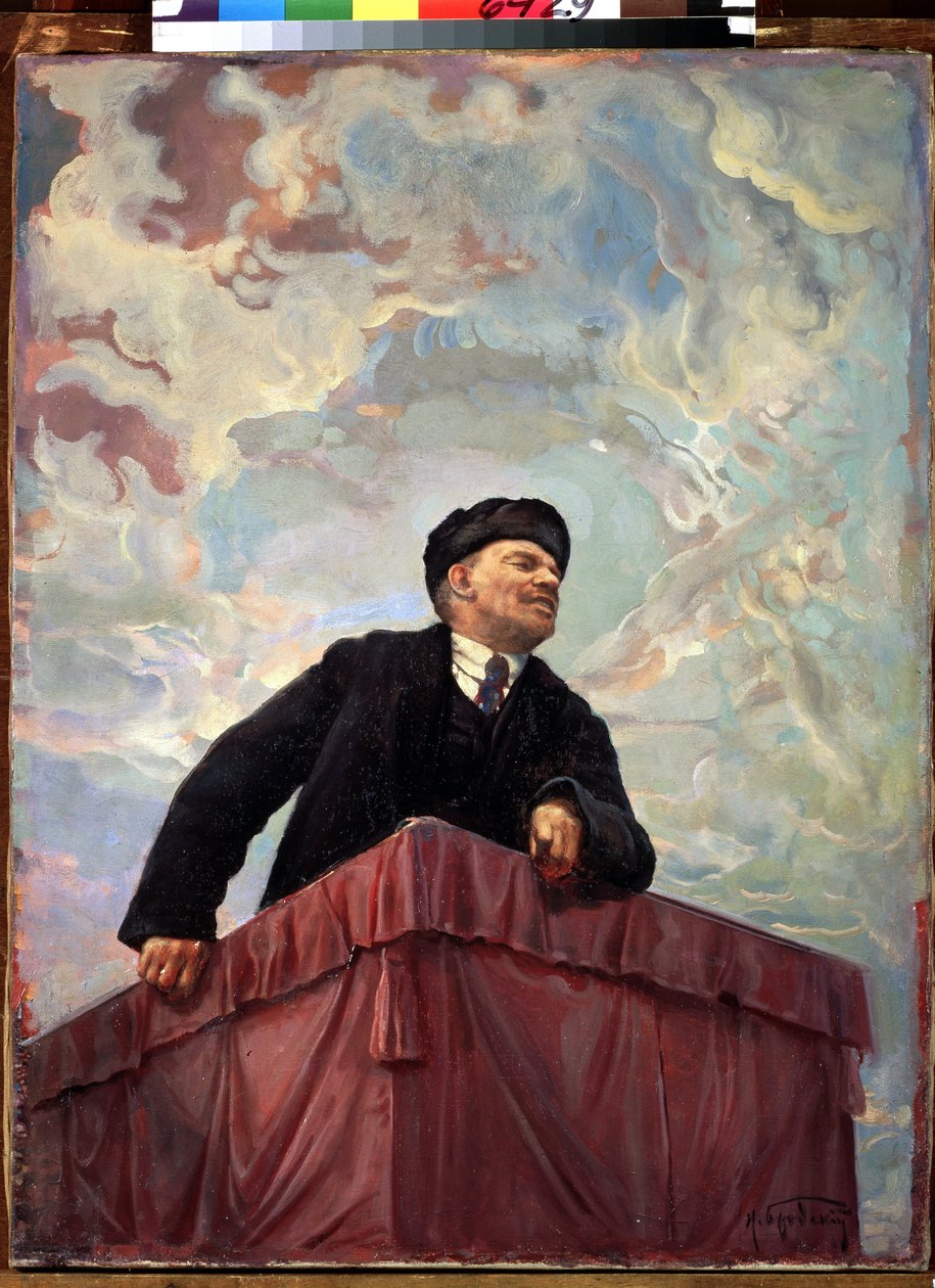 Portret Władimira Lenina (Lenina) (1870-1924), rosyjskiego polityka i rewolucjonisty na mównicy. 1927. Obraz Izaaka Izrajewicza Brodskiego (Brodskiego) (1884-1939). Sankt-Petersburg, Muzeum Rosyjskie. autorstwa Isaak Israilevich Brodsky