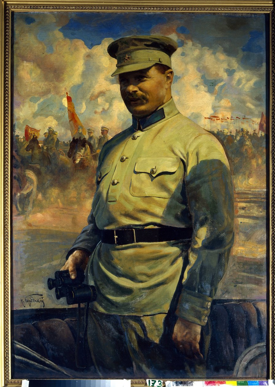 Portret przywódcy bolszewików Michaiła Wasiljewicza Frunzego (1885-1925). (Portret przywódcy bolszewików M. V. Frunzego). Obraz Isaaka Izrailevicha Brodskiego (Brodskiego) (1884-1939), olej na płótnie autorstwa Isaak Israilevich Brodsky