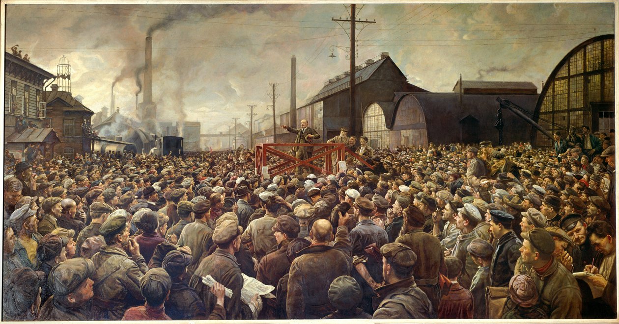 Rewolucja rosyjska z 1917 r.: „Lenin przemawia do pracowników fabryki Putiłowa w Piotrogrodzie” autorstwa Isaak Israilevich Brodsky
