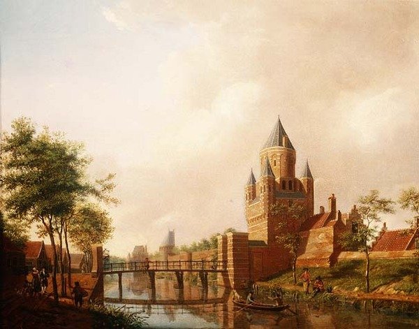 Widok na Kleine Houtpoort (Małą Bramę) w Haarlemie z Grote Houtpoort (Wielką Bramą) w tle autorstwa Isaac Ouwater
