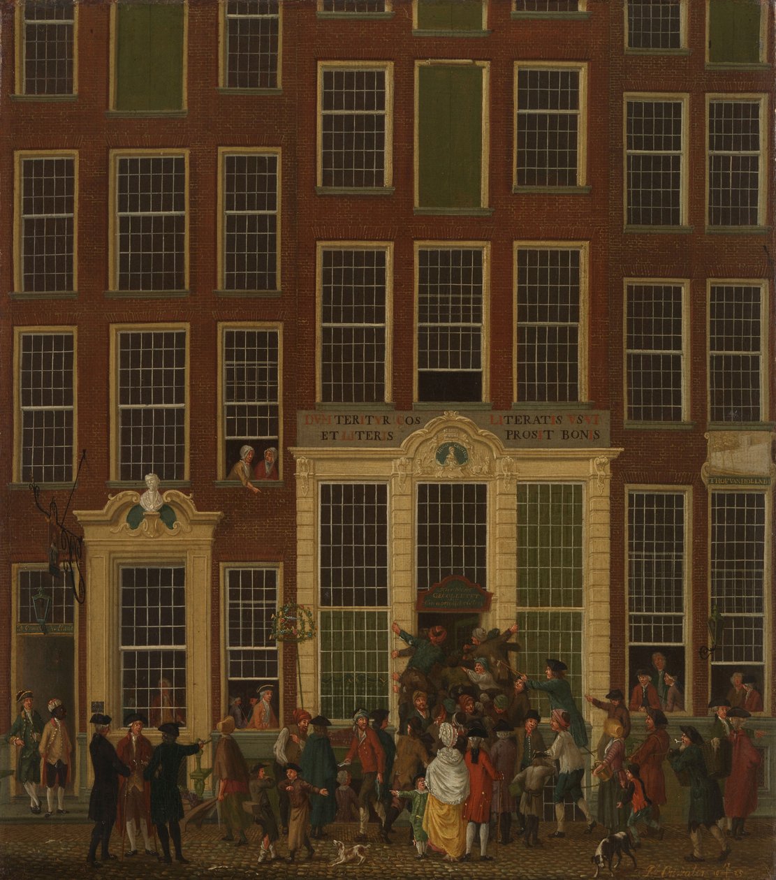 Księgarnia i agencja loteryjna Jana de Groot przy Kalverstraat w Amsterdamie, 1779 r. autorstwa Isaac Ouwater