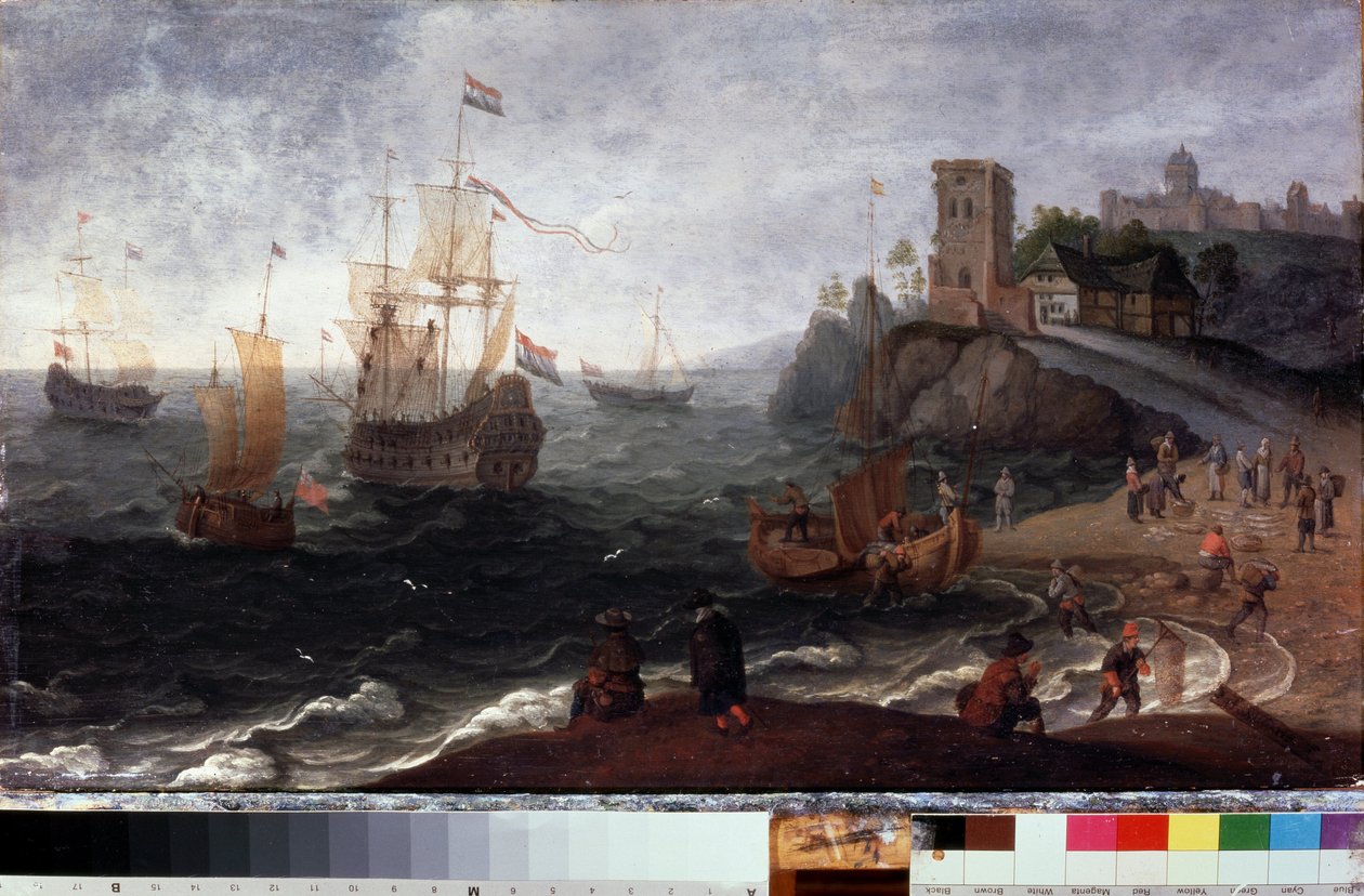 Targ rybny na plaży (targ rybny nad brzegiem morza). Obraz Izaaka Willaertsa (1620-1693). Olej na drewnie, 35,5 x 67 cm, ok. 1640. Sztuka holenderska XVII wieku. Państwowe Muzeum Historii i Sztuki, Serpukhov (Rosja). autorstwa Isaak Willaerts
