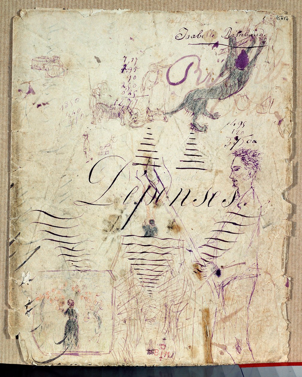Arthur Rimbaud pomaga przy żniwach. Rysunek Isabelle Rimbaud fioletowym atramentem na kartce szkiców księgi rozchodów autorstwa Isabelle Rimbaud