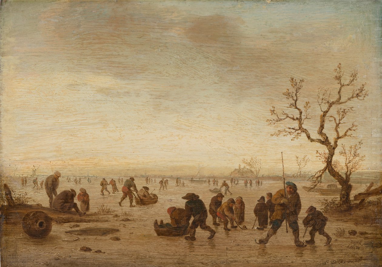 Łyżwiarze na lodzie, ok. 1642-45 (olej na drewnie dębowym) autorstwa Isack van Ostade