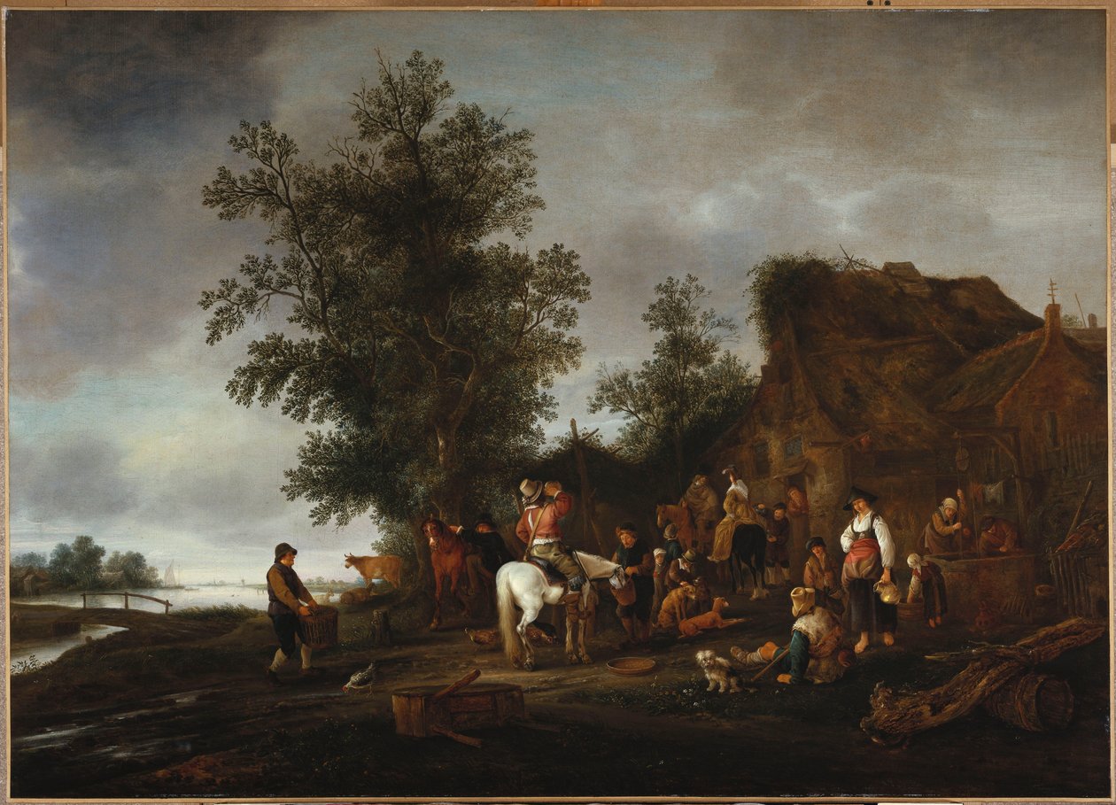 Podróżni odświeżający się w tawernie nad rzeką, 1664 autorstwa Isack van Ostade