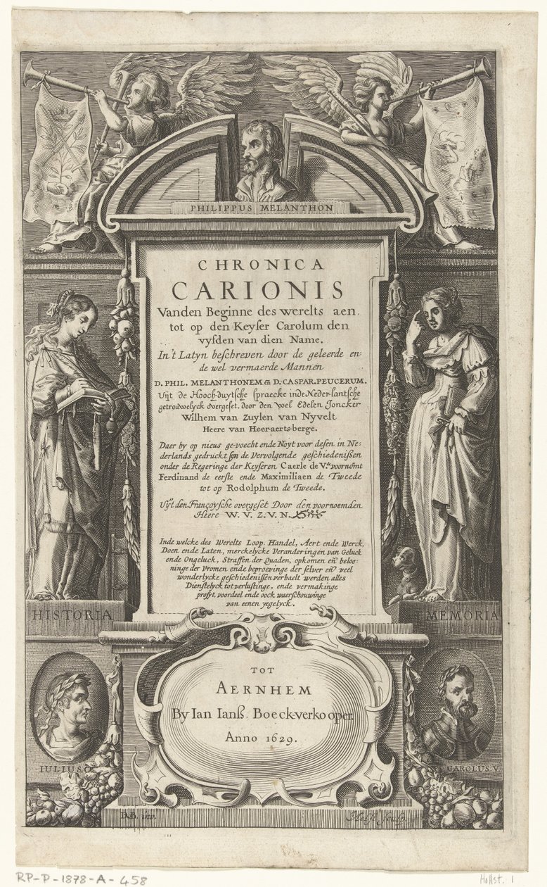 Strona tytułowa Chronica Carionis autorstwa P. Melanchthon Chronica Carionis od początku świata aen tot den Keyser Carolum (tytuł na obiekcie) autorstwa Isaeck van Aelst