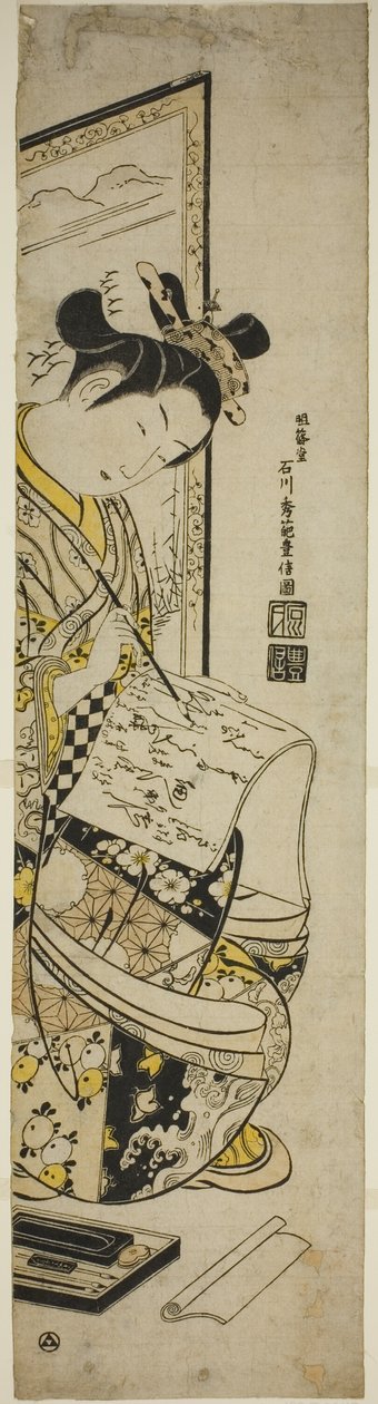 Kobieta pisze list przed ekranem autorstwa Ishikawa Toyonobu