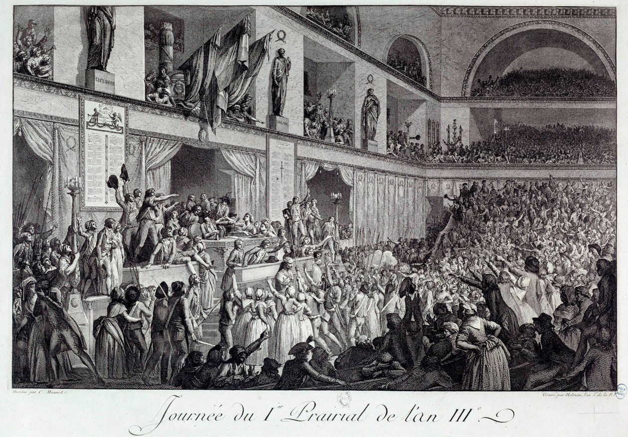Rewolucja Francuska: Dzień Ludowego Powstania Przeciw Głodom na I Prairiale Roku III (20.05.1795): ludność najechała na Konwencję i zmasakrowała zastępcę Jeana Bertranda Ferauda (1759-1795), który był odpowiedzialny za dostawy z Paryża, który opp autorstwa Isidore Stanislas Helman