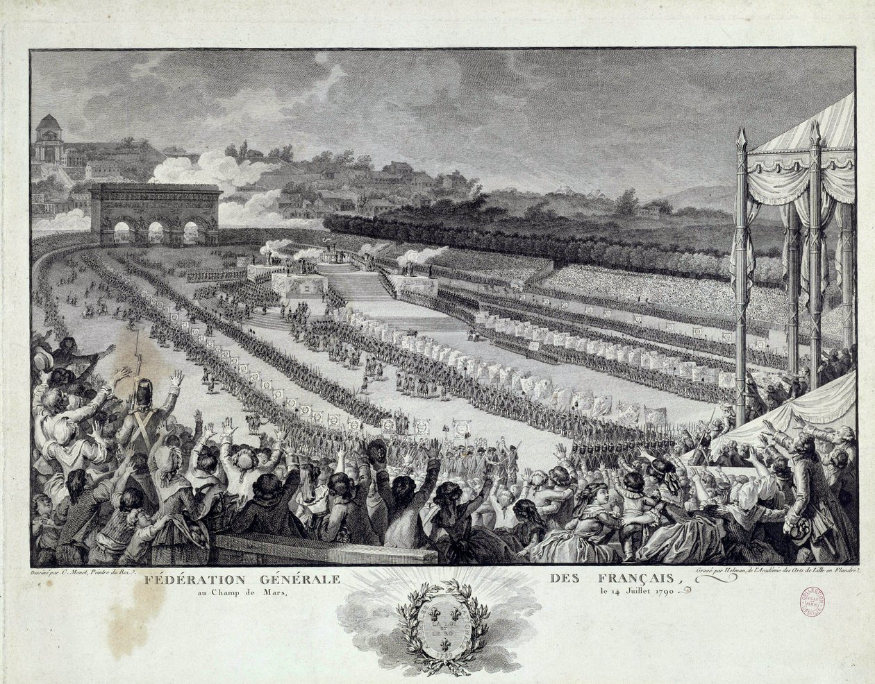 Rewolucja Francuska: widok festynu Generalnej Federacji Departamentów Francuskich na Polach Marsowych w Paryżu w dniu 14.07.1791. Ilustracja Isidore Helmana (1743-1809) XVIII-wieczny Paryż, Musee Carnavalet autorstwa Isidore Stanislas Helman