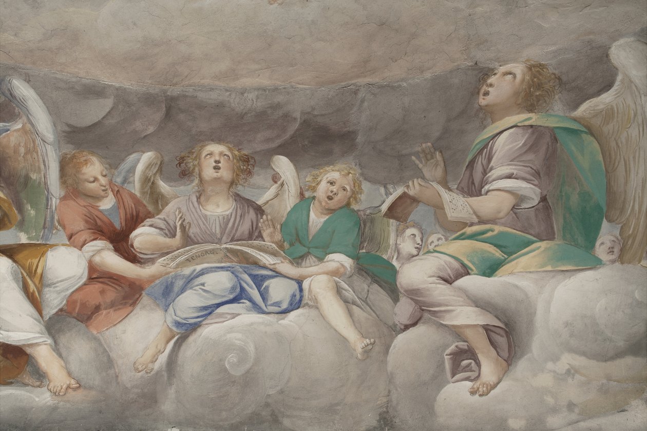 Anioły, muzykujące anioły i putta, fragment Raju z wiecznym Ojcem, ok. 1623-34 (detal 3496185) autorstwa Isidoro Bianchi