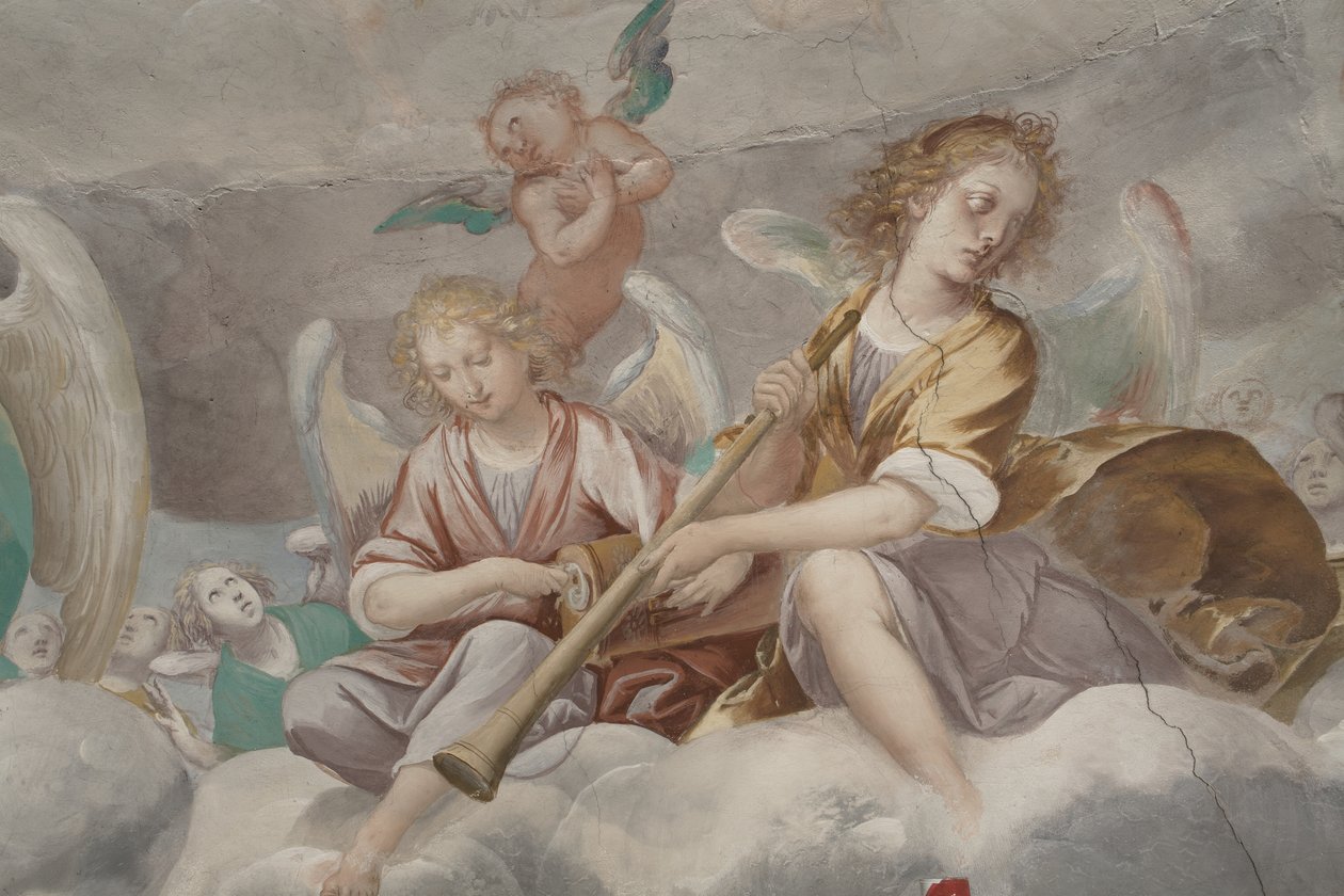 Anioły, muzykujące anioły i putta, fragment Raju z wiecznym Ojcem, ok. 1623-34 (detal 3496185) autorstwa Isidoro Bianchi
