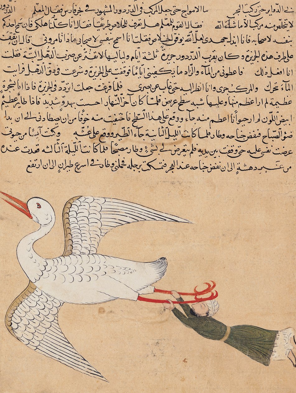 Ms E-7 fol.72a Kupiec z Isfahan Flying, z „Cuda stworzenia i osobliwości istnienia” Zakariya-ibn Muhammed al-Qazwini autorstwa Islamic School