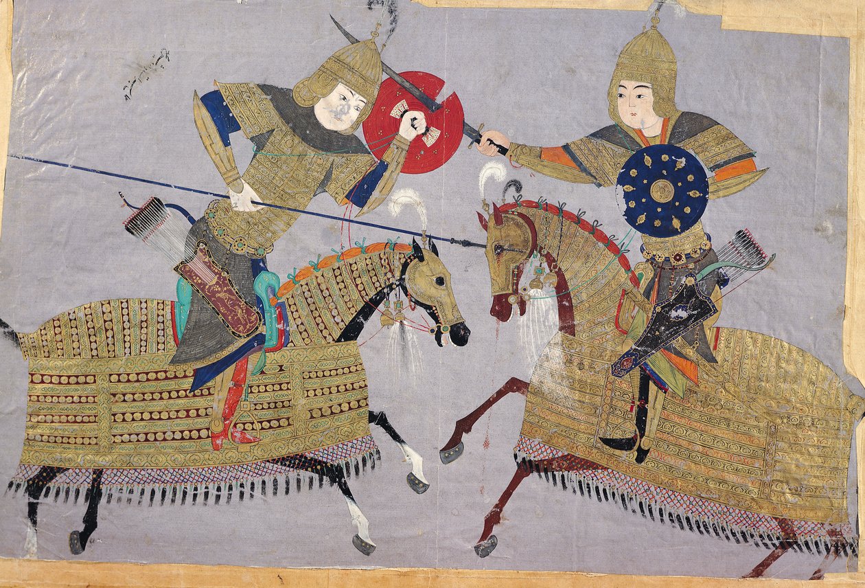 Dwóch wojowników na koniach w walce, Szkoła Tabriz, ok. 1480 autorstwa Islamic School