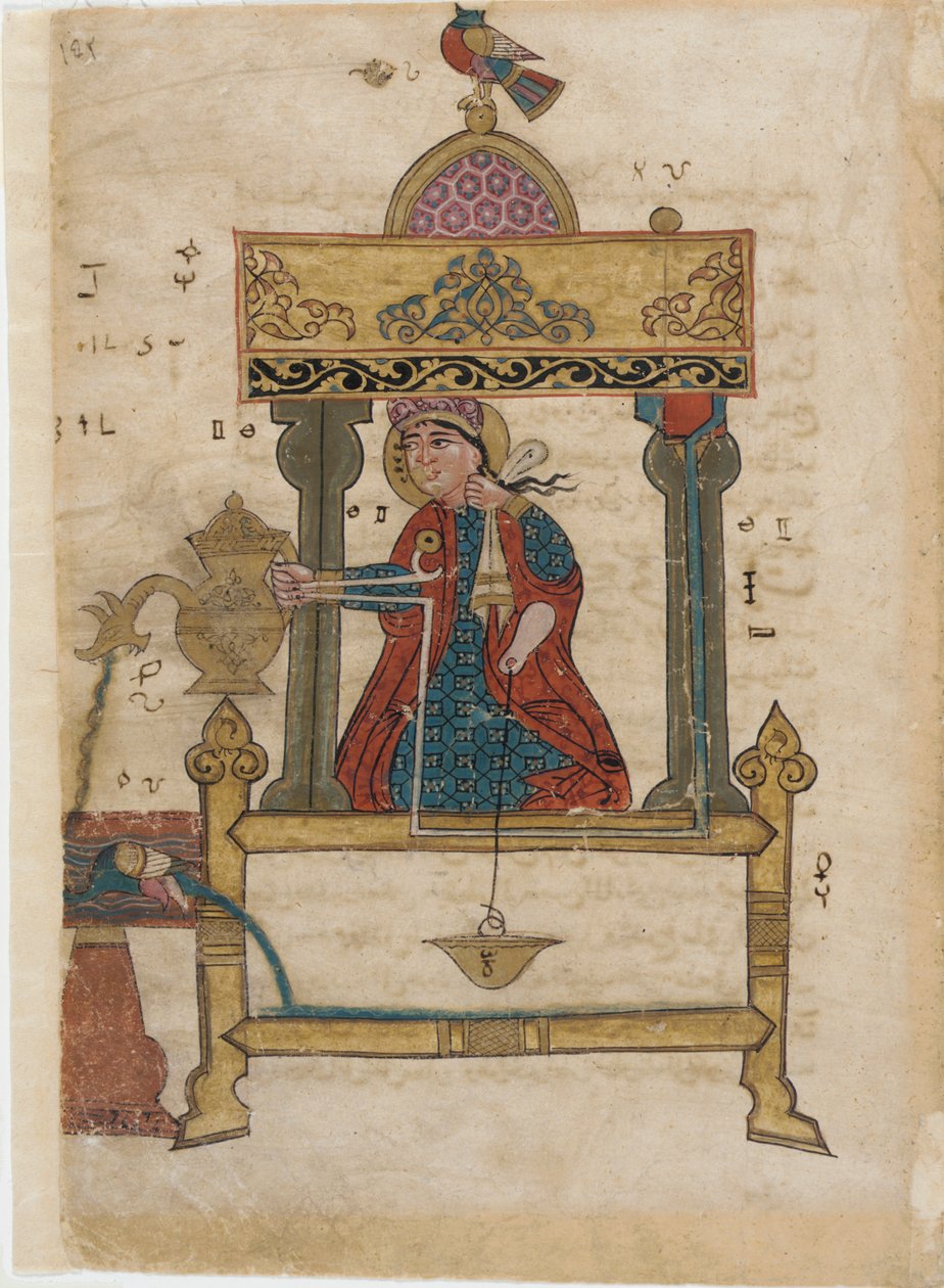 Automat do mycia rąk z mechanizmem spłukiwania, folio z Księgi Pomysłowych Urządzeń Mechanicznych; Al-Djazari, 1315 (nieprzezroczysta toaleta, tusz i złoto na papierze) autorstwa Islamic School