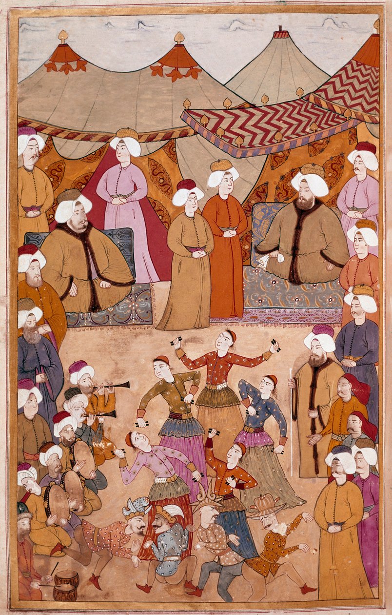 Sztuka islamu: „”Taniec dla przyjemności sułtana Ahmeta III (1673-1736)””Gwasz na papierze Levni z „”Surnama””(pseudonim i) Vehbi) Debiut XVIII-wiecznego Muzeum Topkapi Saray, Stambuł autorstwa Islamic School