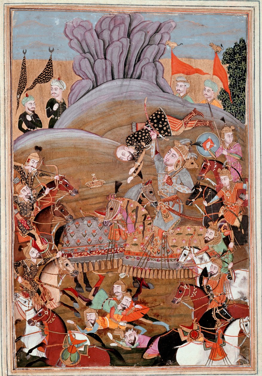 Sztuka islamu: „”Pierwsza walka Rustama z Afrasiabem””Perska miniatura z rękopisu poematu „Sahnameh”””(Shah Nama, Shahnama) (Księga Królów) autorstwa Ferdowsi (Firdawsi lub Ferdawsi lub Firdousi, ca 940-około 1020) (ms. 607) Chantilly, Mu autorstwa Islamic School