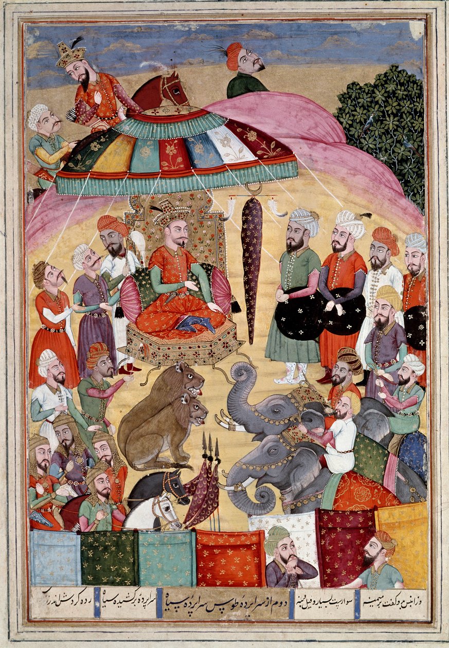 Sztuka islamu: „” Sohrab (Saharab) przed namiotem króla”” Perska miniatura z rękopisu epickiego wiersza „” Shahnameh”” (Shah Nama, Shahnama) (Księga Królów) autorstwa Ferdowsiego (Firdawsi lub Ferdawsi, lub Firdousi, ok. 940-około 1020) (ms. 607) Chantil autorstwa Islamic School