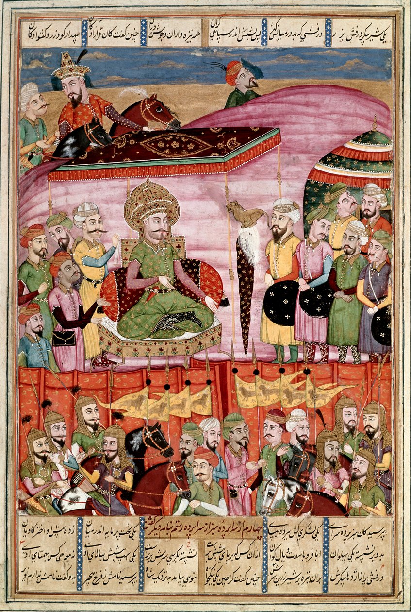 Sztuka islamu: „” Sohrab (Saharab) stoi w namiocie Roustama””” Perska miniatura z rękopisu epickiego wiersza „” Shahnameh”” (Shah Nama, Shahnama) (Księga Królów) autorstwa Ferdowsiego (Firdawsi lub Ferdawsi , lub Firdousi, ok. 940-około 1020) (ms. 607) Lly autorstwa Islamic School