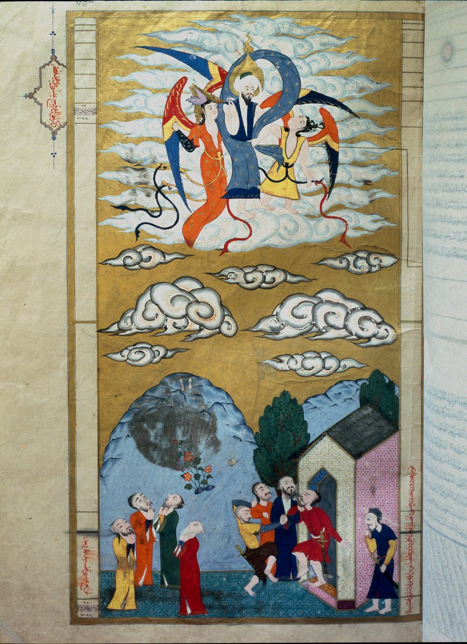 Islamska reprezentacja Wniebowstąpienia Proroka Isy (Isa ibn Marym: Jezus) Miniatura z rękopisu „Zubdat al Tawarikh” (Śmietana lub piękny kwiat opowieści) historyka Seyyyida Loqmana (Lokman) Ashuri autorstwa Islamic School