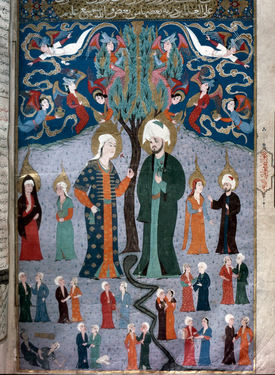 Islamska reprezentacja miniatury Adama i Ewy z rękopisu „Zubdat al Tawarikh” (Zubdat al Tawarikh) (Krema Opowieści) historyka Seyyida Loqmana Ashuriego 1538. Muzeum Sztuki Tureckiej i Islamskiej Stambuł autorstwa Islamic School