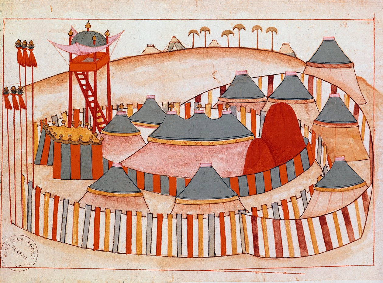 Obóz wojskowy Turków gwasz na papierze Szkoły Islamskiej (Ms 1671) XVI-wieczne Muzeum Wenecji Correr autorstwa Islamic School