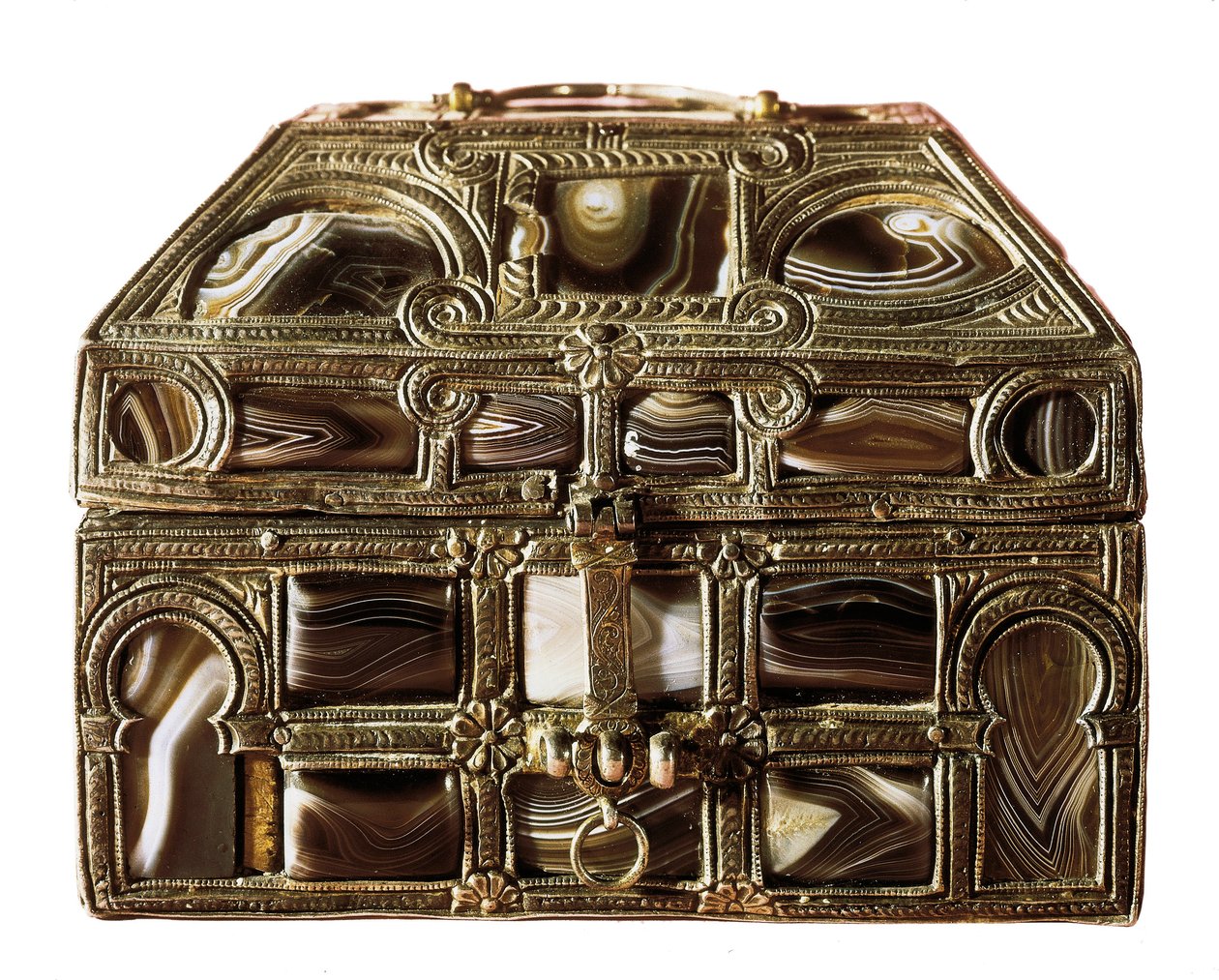 Sztuka mozarabska: agatowe pudełko wykonane z drewna, agatu i srebra. XI wiek Z prawdziwej kolegiaty San Isidoro. Leona. Muzeum Archeologiczne w Madrycie Hiszpania autorstwa Islamic School