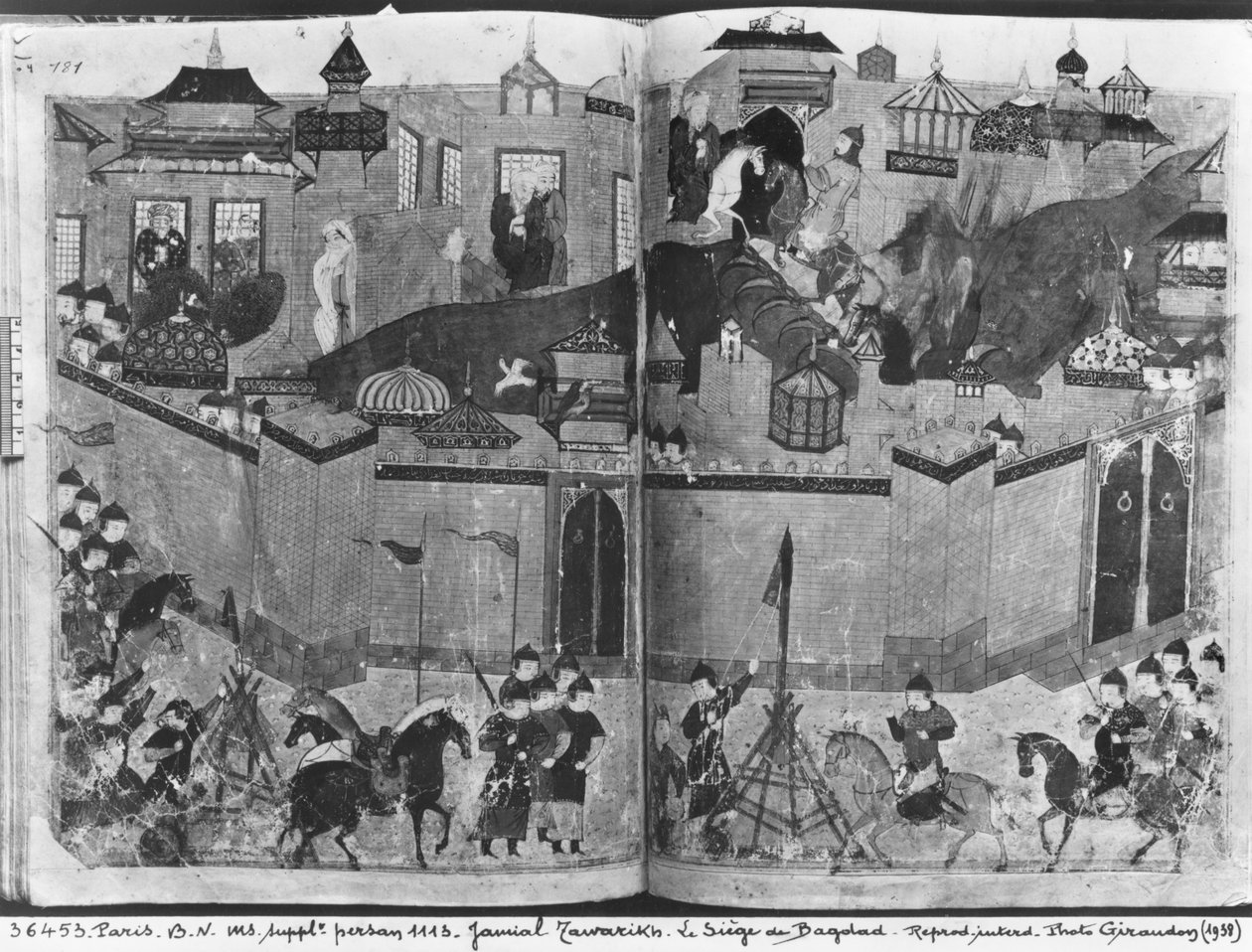 Pani Suppl Persan 1113 f.180-181 Mongołowie pod dowództwem Hulagu Khana szturmującego i zdobywającego Bagdad w 1258 r., z „Jami al-Tawarikh” Raszida al-Dina, ok. 1310 autorstwa Islamic School